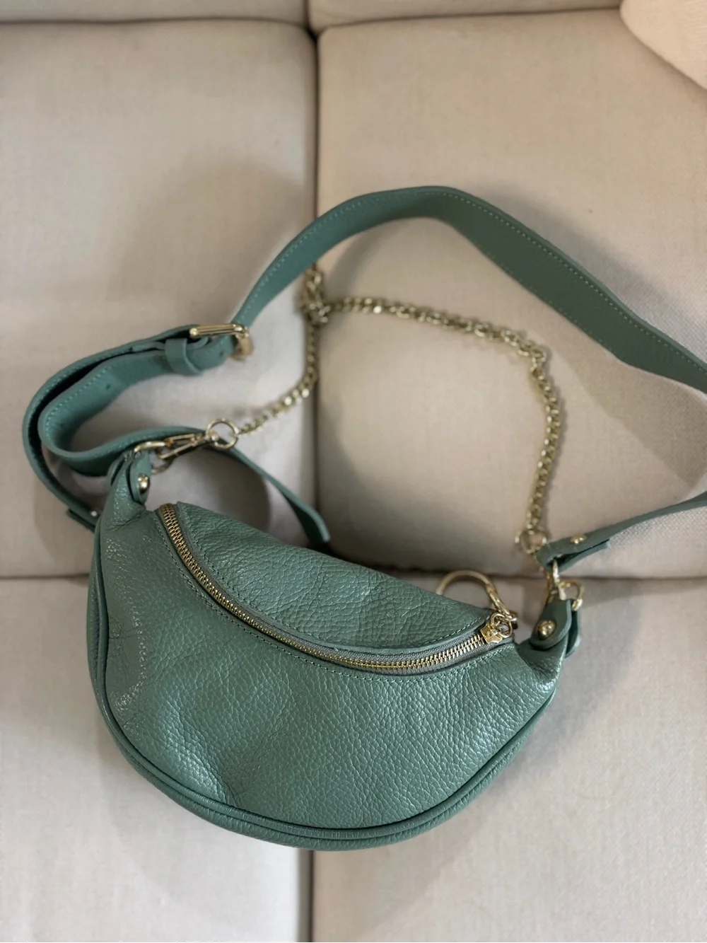 Green Leather Crescent Crossbody Bag with Gold Chain